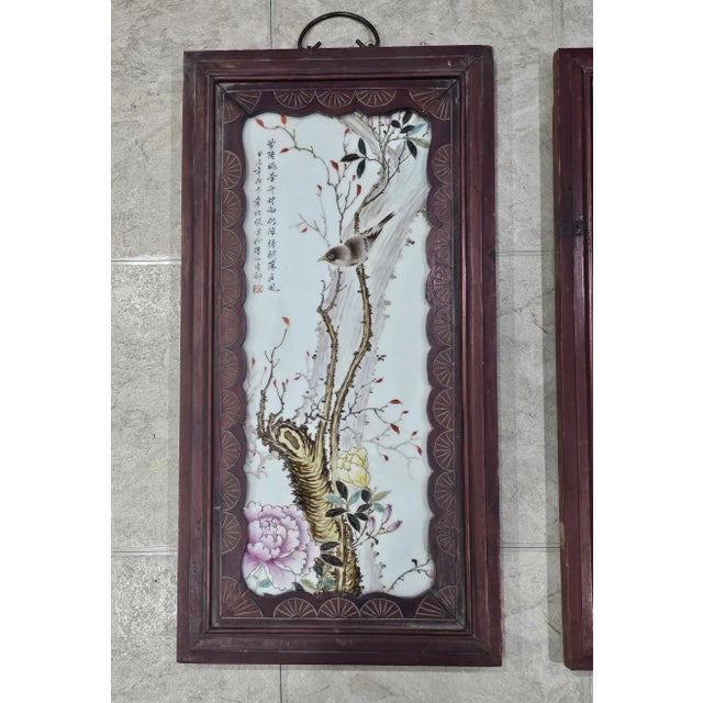 Mid-Century Pair of Chinese Famille Rose Porcelain Plaques Carved Wood Frames For Sale In Washington DC - Image 6 of 11
