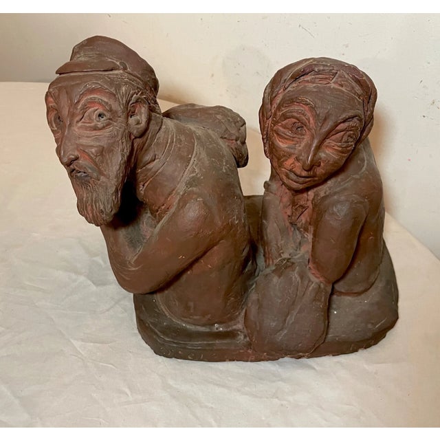 Ceramic Large Antique Handmade Terracotta Jewish Judaica Man Lady Pottery Sculpture For Sale - Image 7 of 14