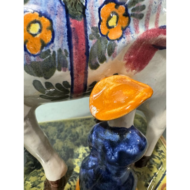 English Antique Dutch Faience Delft Porcelain Figural Cow & Milkmaid Statue For Sale - Image 3 of 8