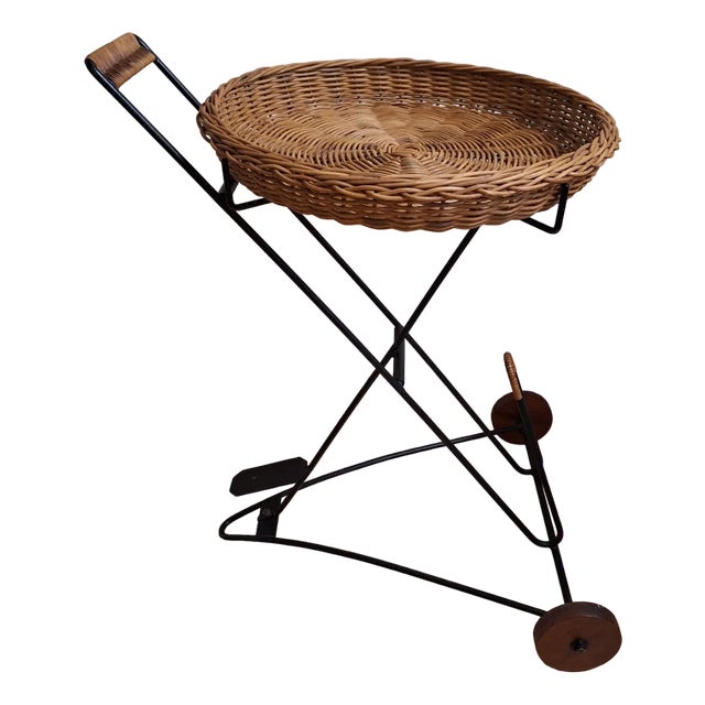 Vintage Tea Trolley with Newspaper Shelf in Black Iron Frame, Teak Wheels and Removable Wicker Tray, 1970s For Sale