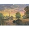 Sunrise at Village by River in the English Countryside with Church Spire & Birds by 20th Century British Artist Art...