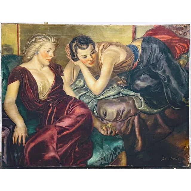 Voluptuous in its approach to scene and palette, this sumptuous portrait of two women, lounging side by side amongst...