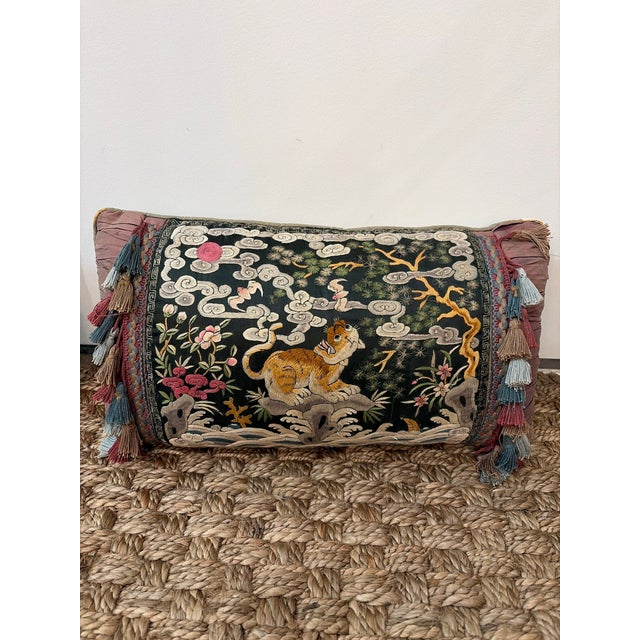 A rare and striking pair of antique Chinese silk embroidered panels, originally Qing Dynasty Imperial rank badges...