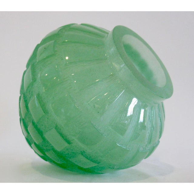 Glass Daum France Crystal "Pate De Crystal," Celadon Green Geometric Raised Relief "Rhythmns," Vase/Vessel For Sale - Image 7 of 18