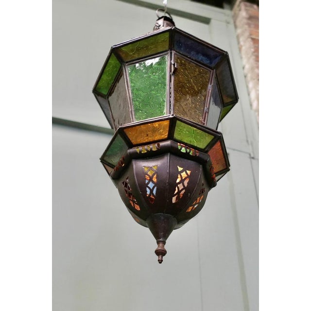 North African Stained Glass Hanging Lantern Lamp Shade The shade has 8 sides in beautiful colours of glass, it can be used...
