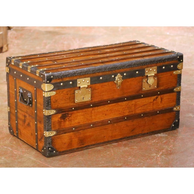 Late 19th Century 19th Century French Parisian Travel Trunk With Brass Hardware and Wood Slat Top For Sale - Image 5 of 13