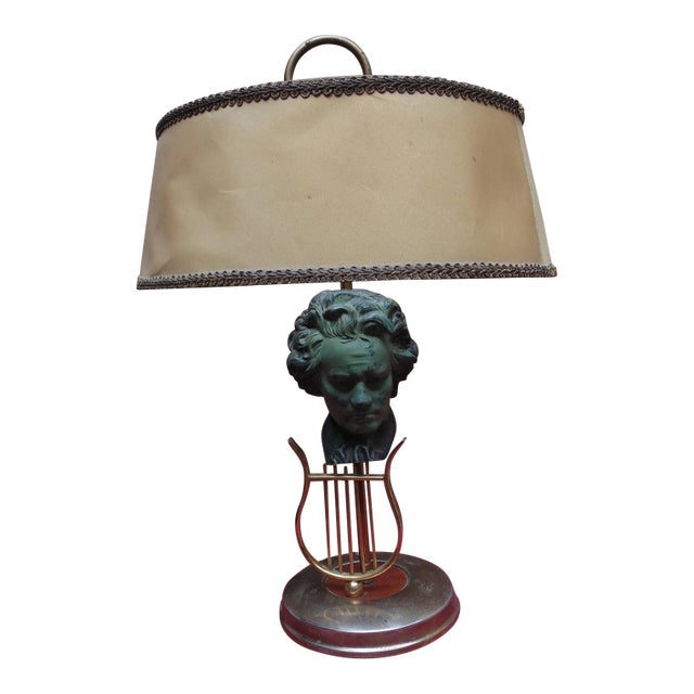 1940's French Regency Large Bronze Bust of Beethoven W/ Lyre Bouillote Table Lamp For Sale