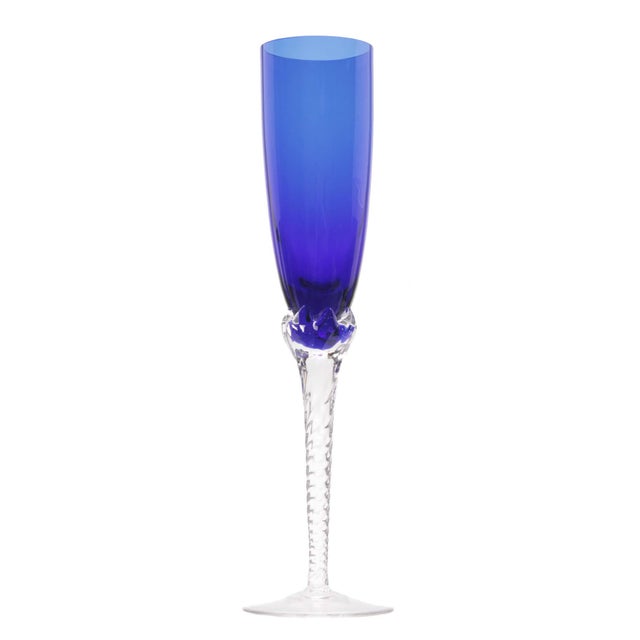 Deep cobalt blue crystal champagne flutes with hand-blown and twisted stems. Produced in the 80s in Yugoslavia by Srpska...