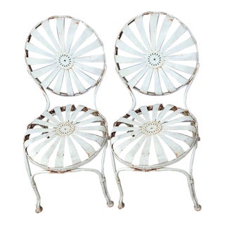 Vintage Francois Carre 1930s/40s Pinwheel Sunburst Patio Iron Steel Garden Chairs- Pair For Sale