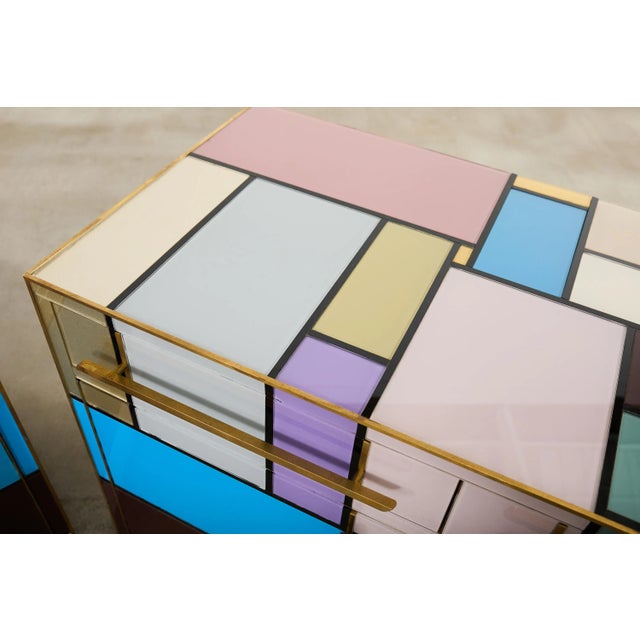 Pair Italian Midcentury Mondrian Style Glass Brass Cabinets For Sale - Image 9 of 18