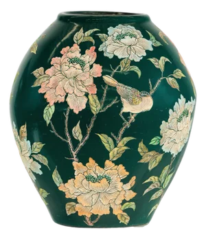 Green Ceramic Vase with Birds, Butterflies, and Floral Decoration