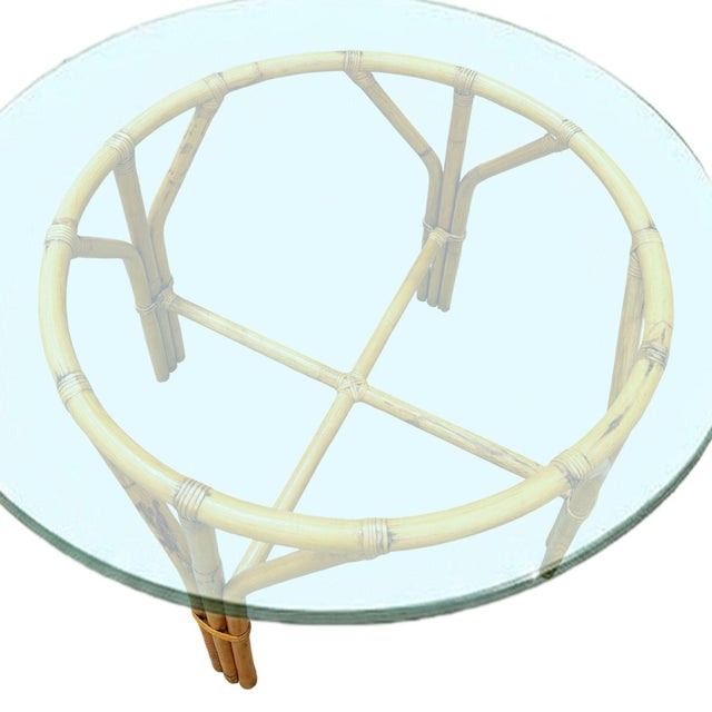 Restored Mid-Century Round Glass Top 3-Strand Rattan Dining Table For Sale - Image 4 of 7