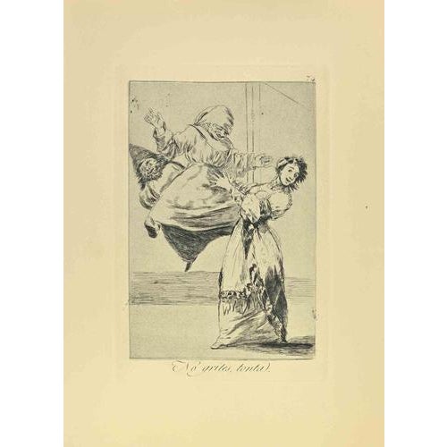 No grites, tonta is a black and White aquatint, drypoint, and etching printed in blue-black ink on laid paper from...