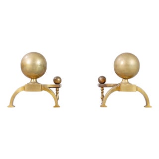 Pair of English Regency Style Brass Cannonball Andirons For Sale