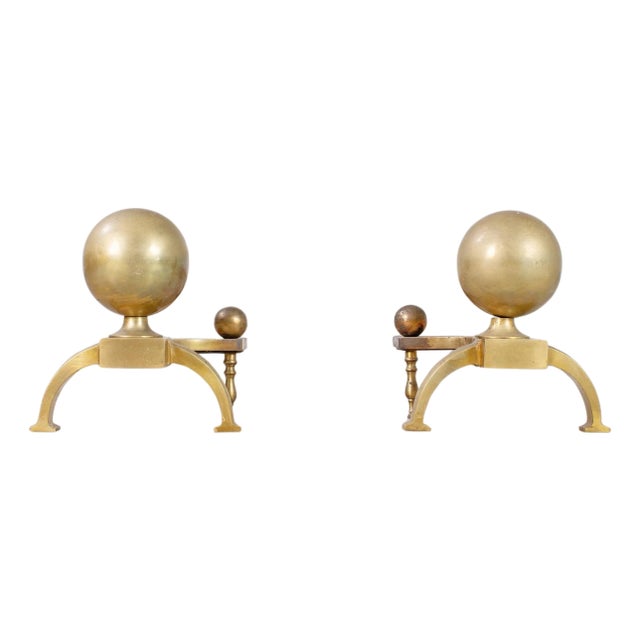 Pair of English Regency Style Brass Cannonball Andirons For Sale