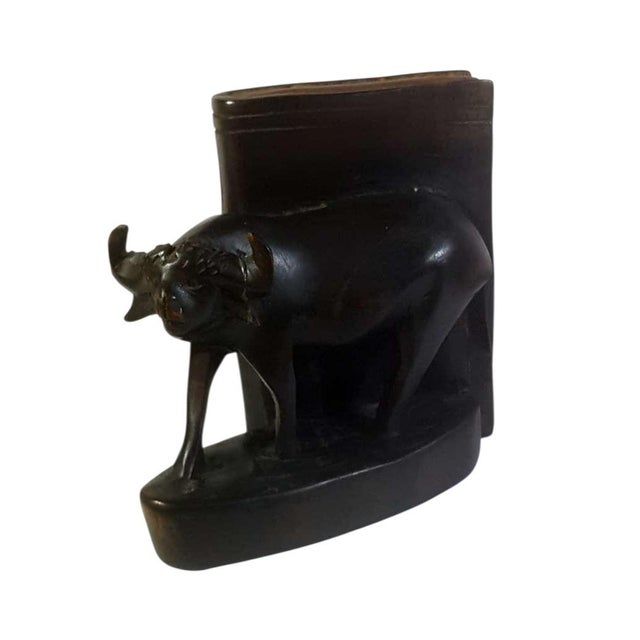 Early 20th Century Exceptional Antique Carved Polychrome Water Buffalo Bookends, Pair.. For Sale - Image 5 of 8