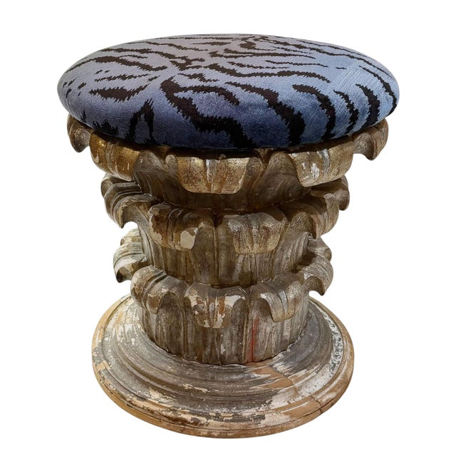 A highly decorative Italian hand carved wood ottoman, likely dating to the 1940s, featuring beautifully sculpted giltwood...