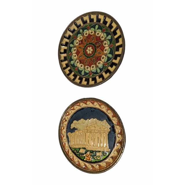 Vintage Greek Parthenon Enameled Brass Decorative Wall Hangings- Set of 2 For Sale In Charlotte - Image 6 of 12