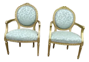 Early 20th Century Pair of Antique Louis XVI Style Gift Hand Carved Upholstered Armchairs