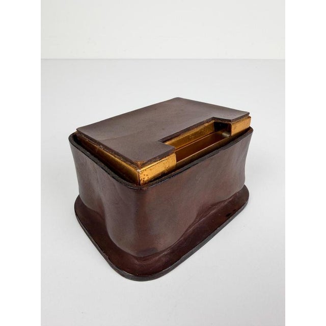 Vintage Italian Leather and Gilt Aluminum Cigarette Dispenser Box in the style of Jacques Adnet, 1950s For Sale - Image 14 of 18