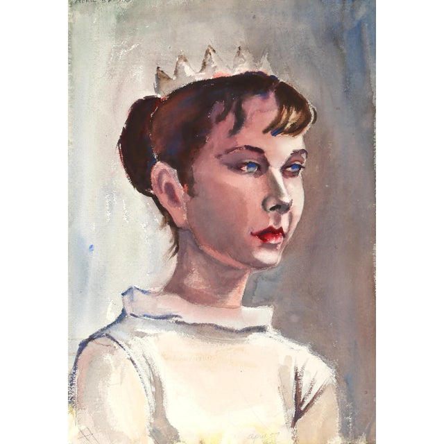 Facing to the right, the brunette woman is illuminated from the upper right of the composition, leaving the other half of...