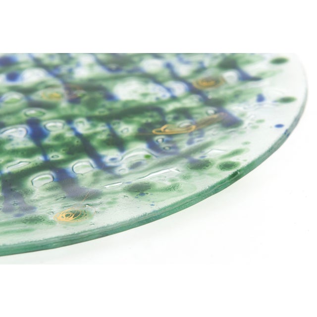 Blue Vintage Mid Century Modern Signed Higgins Fused Glass Round Charger Plate With Gold and Hanging Man Blue Green and Gold For Sale - Image 8 of 10