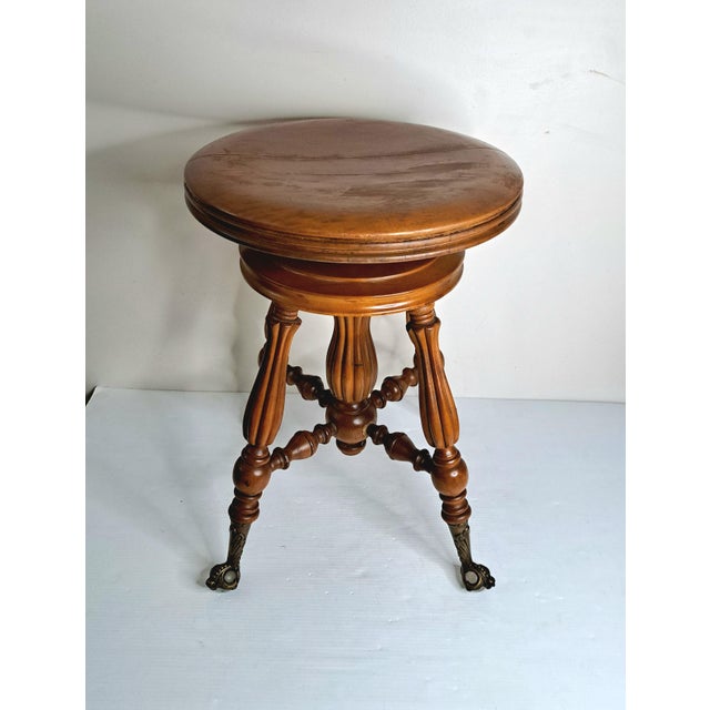Victorian Antique H. Holtzman & Sons Victorian Adjustable Swivel Piano Stool With Glass Ball Claw Feet For Sale - Image 3 of 17