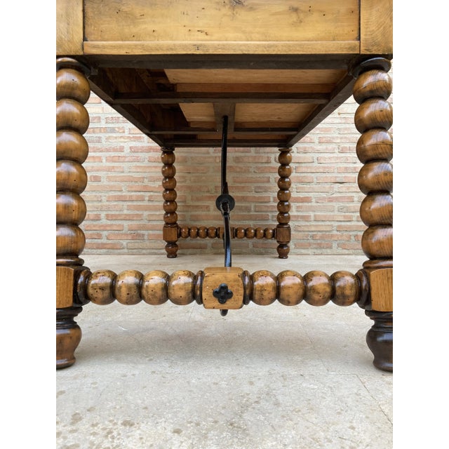 19th-Century French Hand Carved Oak Desk with Iron Stretcher & Solomonic Legs For Sale - Image 11 of 18