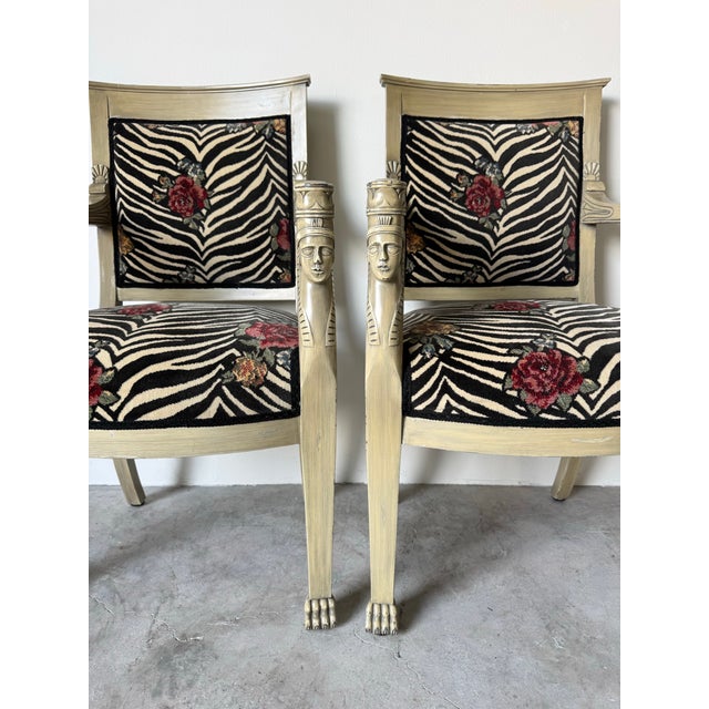 Vintage Egyptian Revival–Style Carved Wood Arm Accent Chairs – A Pair For Sale - Image 4 of 12