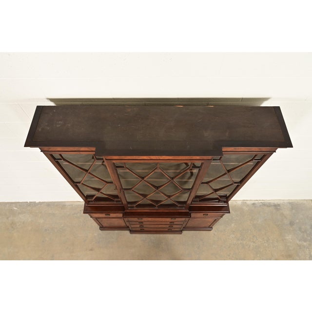 Baker Furniture Georgian Flame Mahogany Bubble Glass Breakfront Bookcase Cabinet With Drop Front Secretary Desk, Circa 1940s For Sale - Image 11 of 14