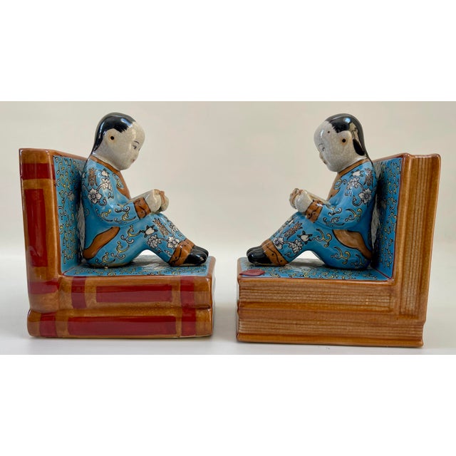 Chinoiserie Chinese Chinoiserie Figurine Blue Porcelain Bookends - a Pair For Sale - Image 3 of 8