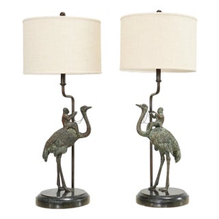 Pair of Maitland-Smith Bronze Monkey Ostrich Table Lamps For Sale
