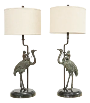 Pair of Maitland-Smith Bronze Monkey Ostrich Table Lamps