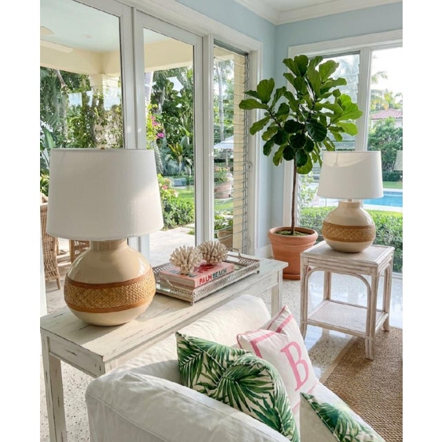 Vintage Rattan Wrapped Off White Round Boho Ceramic Table Lamps- A Pair For Sale In West Palm - Image 6 of 7