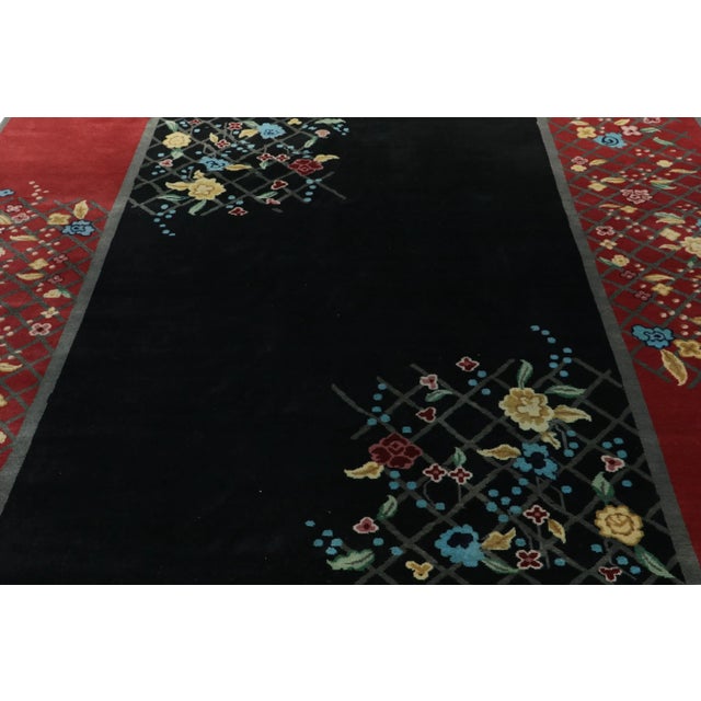 1920s Rug & Kilim’s Chinese Deco Style Rug in Black and Red With Colorful Florals For Sale - Image 5 of 6
