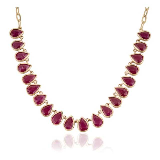 8.88Carat Graduated Pear Cut Ruby Bezel Necklace in 14k Yellow Gold- 17 Inch Length For Sale