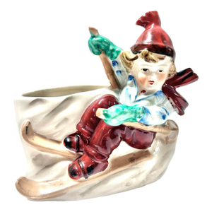 Mid-Century Ceramic “Little Skier” Planter / Figural Boy on Skis, Made in Japan, Circa 1950s