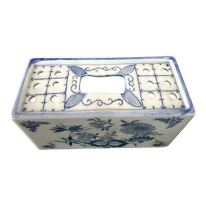 Vintage Blue and White Flower Frog Andrea by Sadek Japan Rectangular Floral Vase