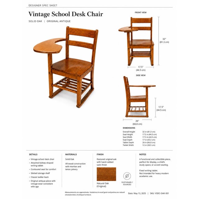 Arts & Crafts Vintage Solid Oak School Desk Chair With Attached Writing Tablet For Sale - Image 3 of 3