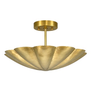 Scalloped Brass Semi Flush Mount Ceiling Light, Hand-Finished Art Deco Fixture For Sale