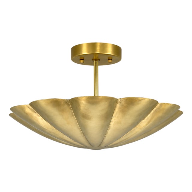 Scalloped Brass Semi Flush Mount Ceiling Light, Hand-Finished Art Deco Fixture For Sale