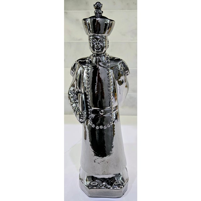 Mid 20th Century Large Vintage Chrome Chinoiserie Porcelain Scholar & Student Figurine Pair, 18 Inch For Sale - Image 5 of 17