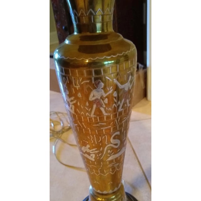 African Vintage Inlaid Silver and Brass Engraved Electric Lamps - a Pair For Sale - Image 3 of 7