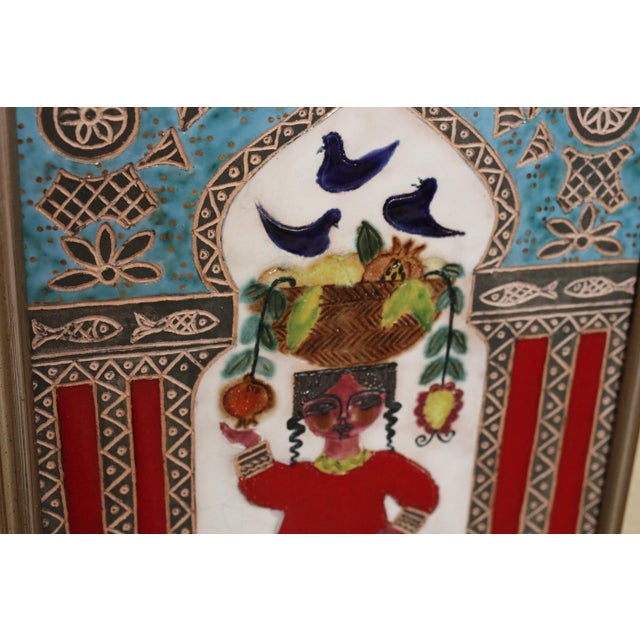 Mid-Century Modern Awret Original Painted Ceramic Relief Tile Depicting Woman With Basket of Fruit, Signed and Framed For Sale - Image 3 of 17