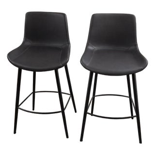 Arhaus Modern Genuine Leather Bar Stools Set of 2 Black Iron Base For Sale