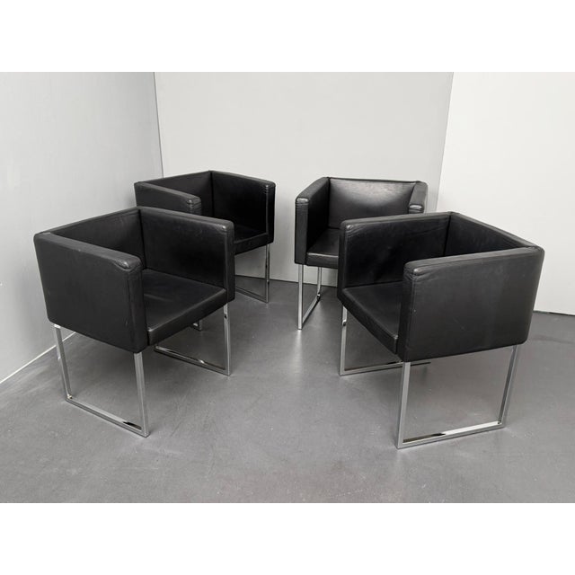 Black Cubica Armchairs in Black Leather by Tito Agnoli for Zanotta, Italy, 2010s, Set of 4 For Sale - Image 8 of 8