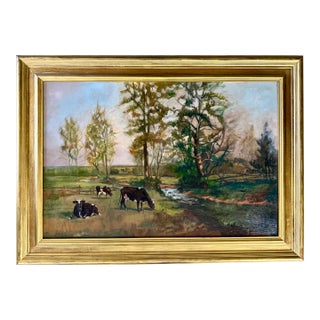 Antique Pastoral Landscape Oil Painting With Cows and Brook in Giltwood Frame For Sale