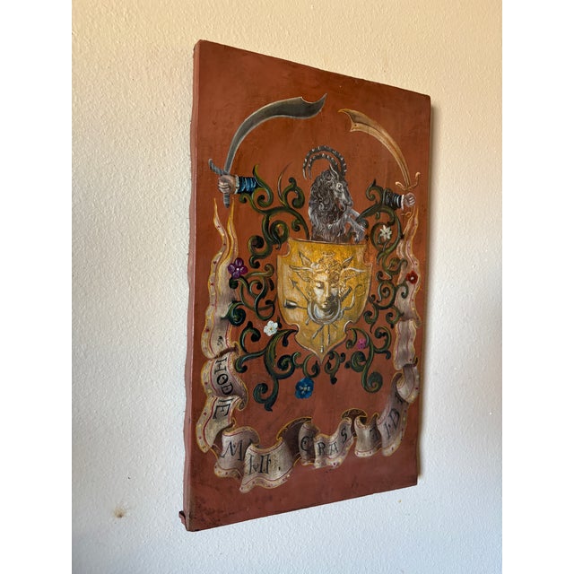 Hand Painted Oil on Wood Memento Mori Coat of Arms Heraldry Wall Plaque For Sale - Image 9 of 12