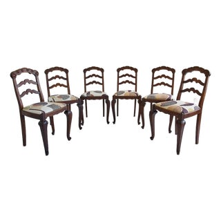 Set of Six French Provincial Oak Ladder-Back Dining Chairs W/ Upholstered Seats For Sale