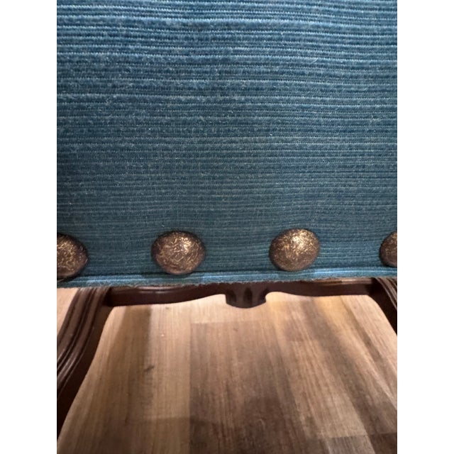 2010s Set of 8 Designmaster “Strasbourg” French Carved Dining Chairs in Peacock Blue For Sale - Image 5 of 9